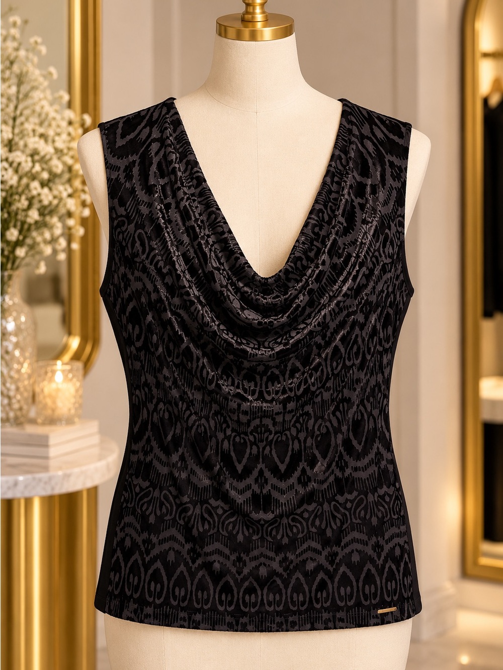 Ellen Tracy Black Velvet-Patterned Cowl Neck Sleeveless Camisole